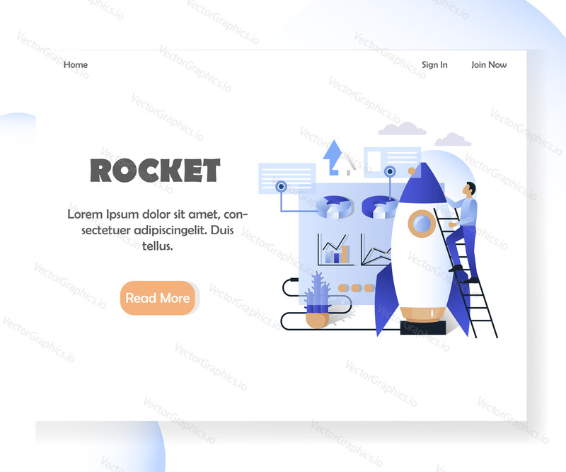 Šablona stránky přistání rakety. Vektorové ilustrace futuristického uživatelského rozhraní hud, podnikatel lezení raketový žebřík. Business startup, budoucí technologický koncept pro webové stránky, vývoj mobilních stránek
