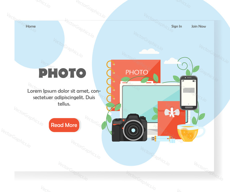 Šablona vstupní stránky fotografie. Koncept designu vektorového plochého stylu pro web fotografa a vývoj mobilních stránek. Počítač, fotoaparát, smartphone, fotoalbum, flash disk.