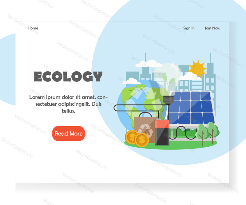 Šablona vstupní stránky ekologie. Vektorový plochý designový koncept pro zelené ekologické webové stránky a vývoj mobilních stránek. Planeta Země se symbolem recyklace, žárovka připojená k solárnímu panelu atd.