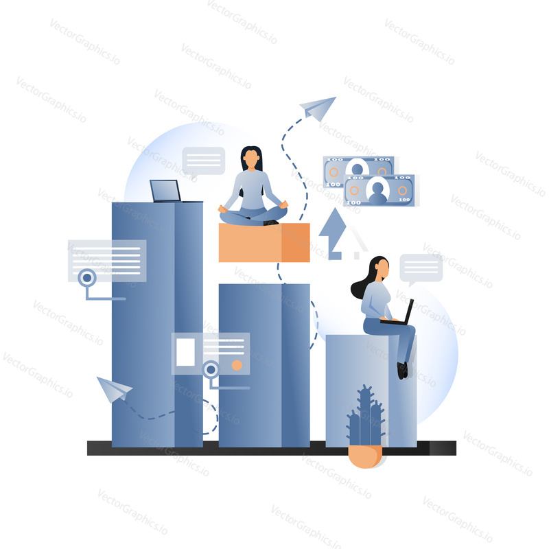 Векторная иллюстрация офисных людей, молодых девушек, работающих на ноутбуке, медитирующих в позе лотоса, сидя на гистограмме. Бизнес-метафорическая концепция для веб-баннера, страницы веб-сайта, презентации.