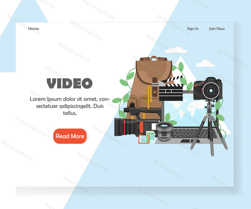 Šablona vstupní stránky videografie. Koncept designu vektorového plochého stylu pro web videographer a vývoj mobilních stránek. Notebook, videokamera, fotoaparát a stativ, paměťové karty, klapka.