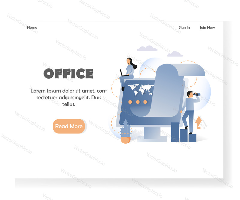 Шаблон целевой страницы Office. Векторная иллюстрация женщины, работающей на ноутбуке, мужчина смотрит в бинокль, большой компьютер, гистограмма. Бизнес-концепция для разработки веб-сайтов и мобильных сайтов.