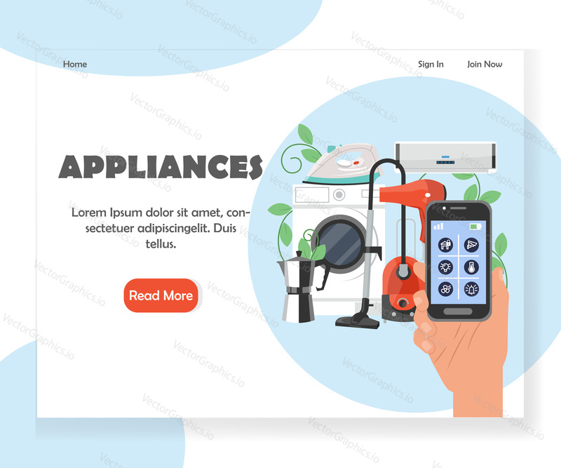 Household appliances landing page template. Vector flat style design concept for website and mobile site development. Smart home appliances and smart house technology.