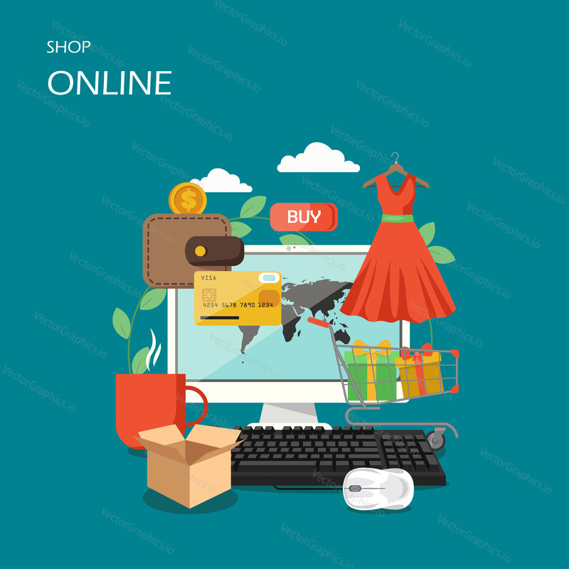 Иллюстрация дизайна векторного плоского стиля интернет-магазина. Компьютер, корзина с подарочными коробками, платье, кредитная карта, кошелек с монетой и т.д. Интернет-магазин, концепция электронной коммерции для веб-баннера, страницы веб-сайта.