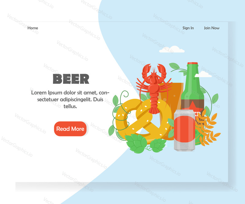 Šablona vstupní stránky piva. Koncept designu vektorového plochého stylu pro pivní festival, večírek, Web Oktoberfest a vývoj mobilních stránek. Pivo s humrem a preclíkem.