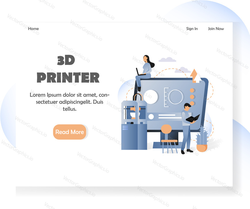 Šablona vstupní stránky 3D tiskárny. Vektorová ilustrace objektu budovy 3D tiskárny z digitálního počítačového modelu. Koncept technologie aditivní výroby pro vývoj webových stránek a mobilních stránek.