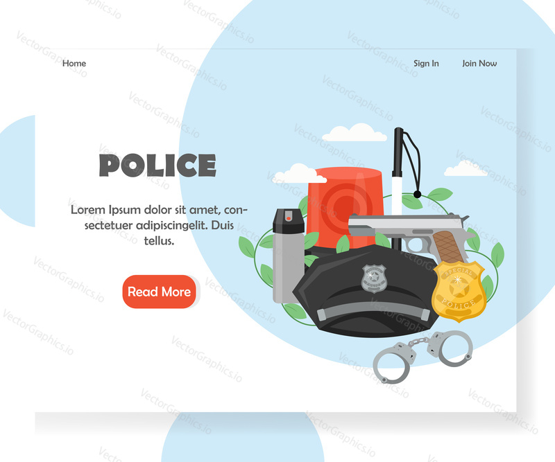 Šablona vstupní stránky Policie. Koncept designu vektorového plochého stylu pro vývoj webových stránek a mobilních stránek. Policejní klobouk, odznak, obušek, zbraň, pouta, siréna, pepřový sprej.