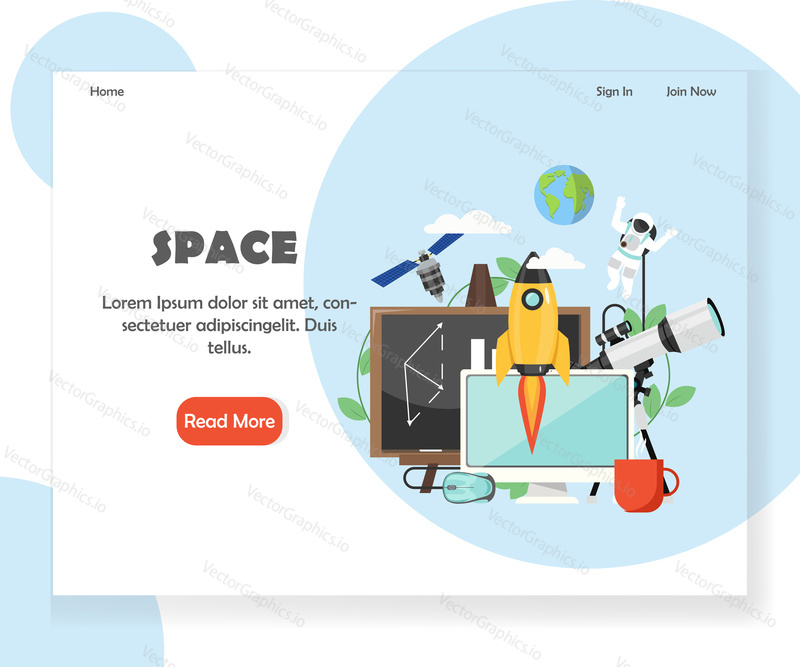 Šablona vstupní stránky prostoru. Koncept designu vektorového plochého stylu pro vývoj webových stránek a mobilních stránek. Dalekohled, satelit, raketa, astronaut, tabule, planeta Země, počítač atd.