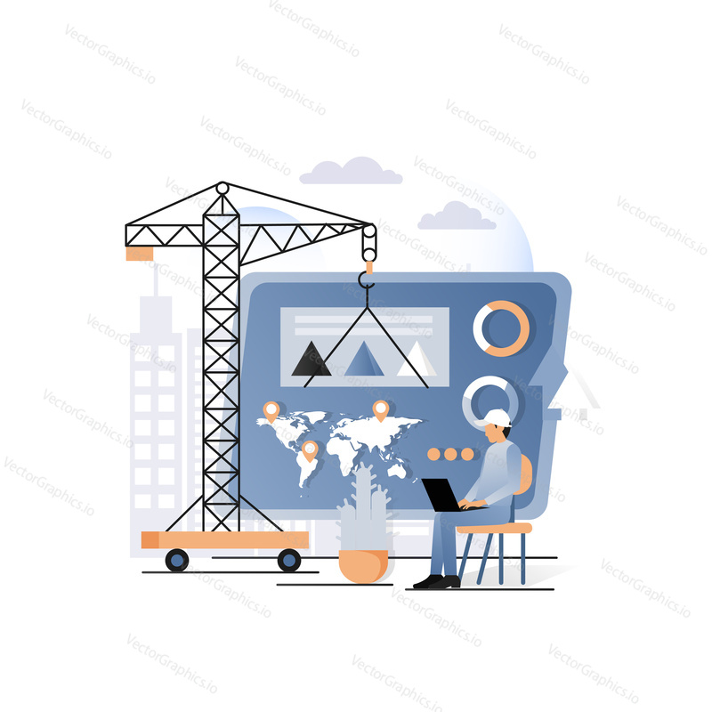 Vektorové ilustrace stavebního jeřábu stavební schéma podnikatelské činnosti na palubní desce. Business building, koncepty analýzy dat pro webový banner, webovou stránku, prezentaci atd.