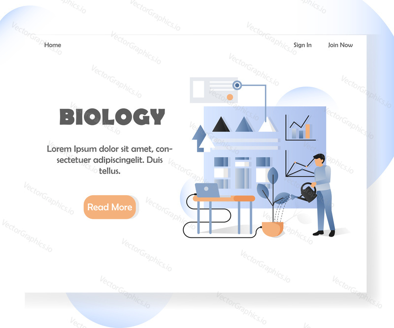Šablona vstupní stránky biologie. Vektorová ilustrace biologa provádějícího biologický experiment ve vědecké laboratoři s využitím moderních technologií. Koncept vědeckého výzkumu pro vývoj webových stránek a mobilních stránek.