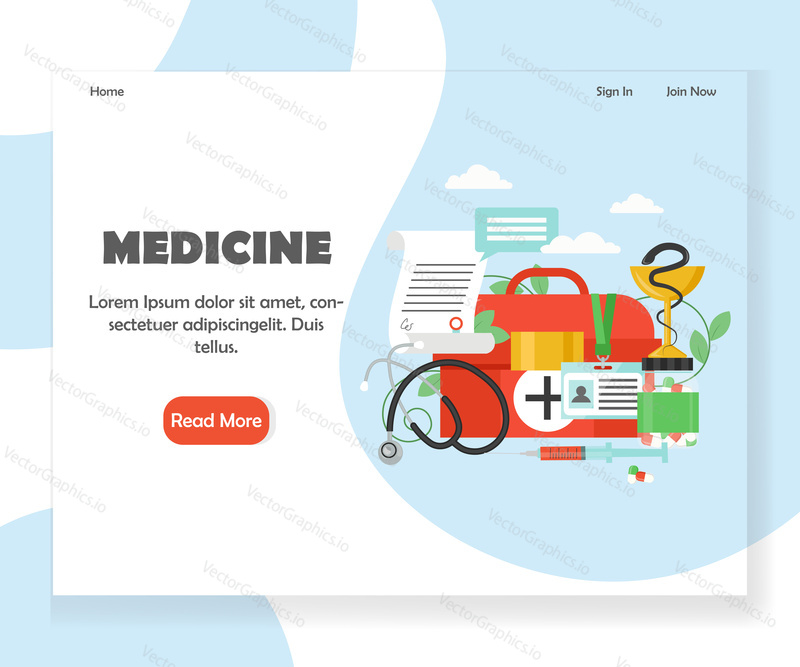 Šablona vstupní stránky medicíny. Vektorový plochý designový koncept pro lékařské webové stránky, vývoj mobilních stránek. Lékárnička, Doctor ID odznak, lékařský předpis, stetoskop, stříkačka, pilulky láhev.