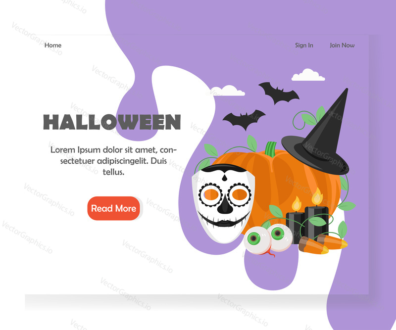 Šablona vstupní stránky Halloween. Koncept designu vektorového plochého stylu pro vývoj webových stránek Halloween a mobilních stránek. Dýně, cukr lebka maska, oči, netopýři, svíčky, cukroví kuří oka a čarodějnice klobouk.