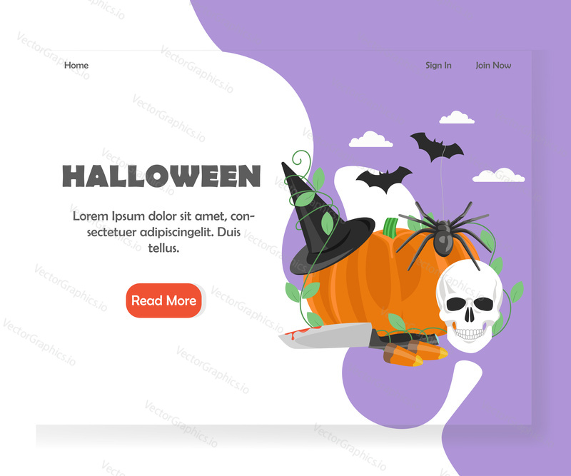 Šablona vstupní stránky Halloween. Koncept designu vektorového plochého stylu pro vývoj webových stránek Halloween a mobilních stránek. Černý pavouk, dýně, lidská lebka, nůž, netopýři, cukroví kuří oka a čarodějnice klobouk.