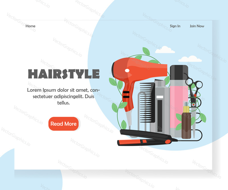 Hairstyle landing page template. Vector flat style design concept for hair stylist and salon website and mobile site development. Comb, hairdryer, scissors, shampoo, curling iron.