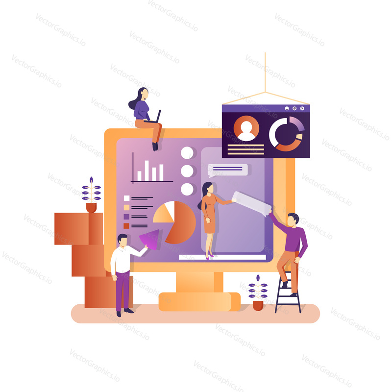 Vektorová ilustrace palubní desky office people building, uživatelský profil, komunikace, práce na notebooku. Business workflow, kancelářské situace, koncept analýzy dat pro webový banner, webovou stránku atd.