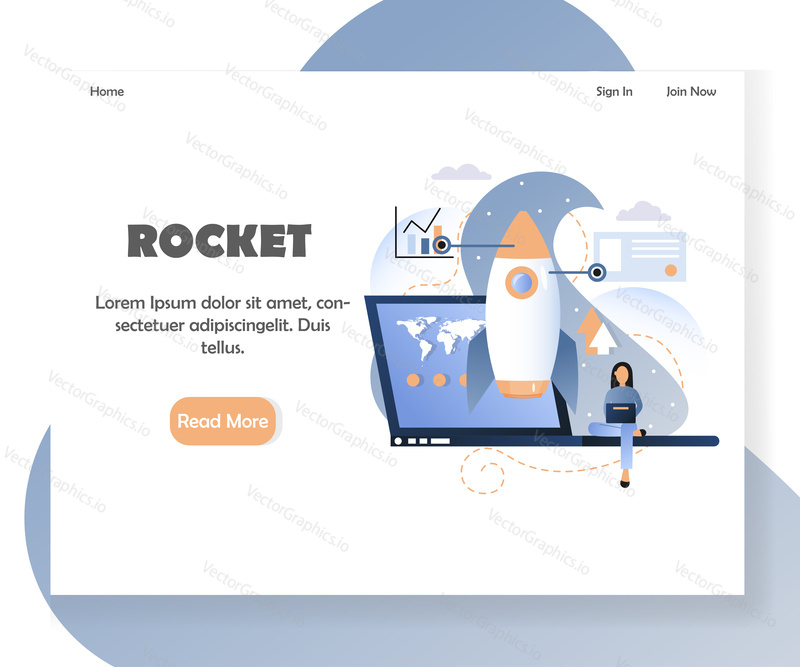 Šablona stránky přistání rakety. Vektorová ilustrace velkého notebooku, vesmírné rakety a ženy analyzující data statistických grafů. Koncept spuštění obchodního projektu pro vývoj webových stránek a mobilních stránek.