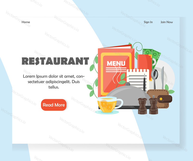 Šablona vstupní stránky Restaurace. Koncept designu vektorového plochého stylu pro webové stránky kavárny a vývoj mobilních stránek. Nádobí, menu, poznámkový blok s perem, servírovací talíř s víkem, peněženka atd