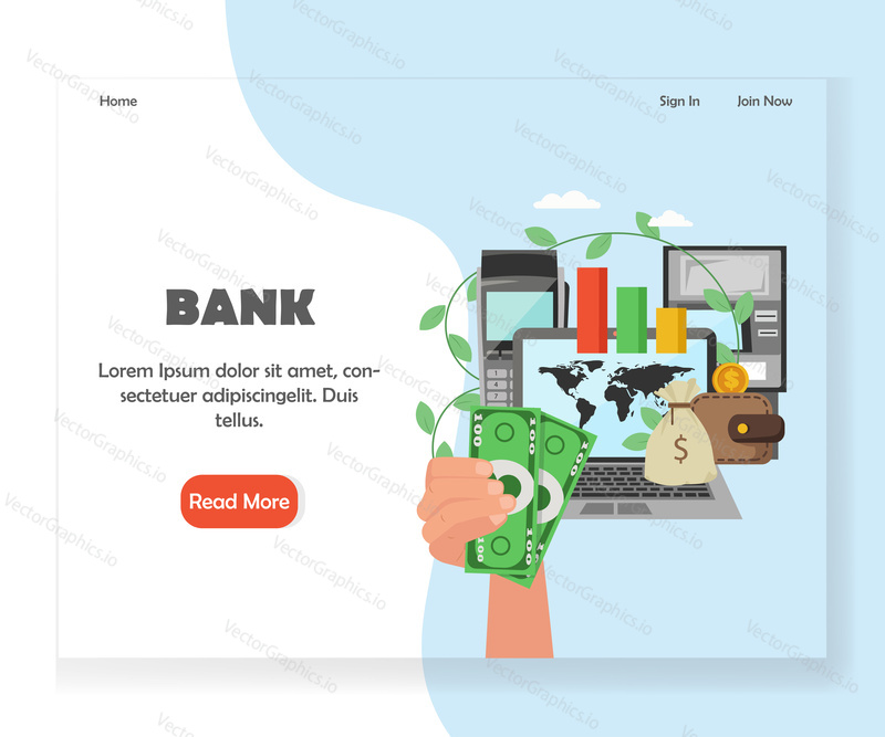 Šablona webových stránek Bank vector, design webových stránek a vstupních stránek pro vývoj webových stránek a mobilních stránek. Ruční držení dolarových bankovek, notebook s mapou světa na obrazovce, pin pad, taška na peníze, peněženka, bankomat.