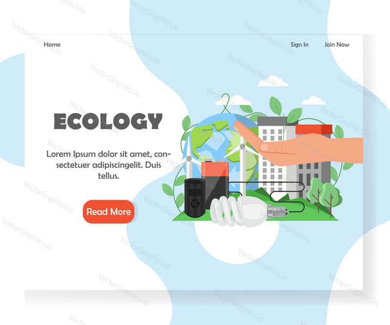 Šablona vstupní stránky ekologie. Koncept designu vektorového plochého stylu pro environmentální webové stránky a vývoj mobilních stránek. Větrné turbíny, planeta Země s recyklačním symbolem, ruční držení zeleného výhonku atd.