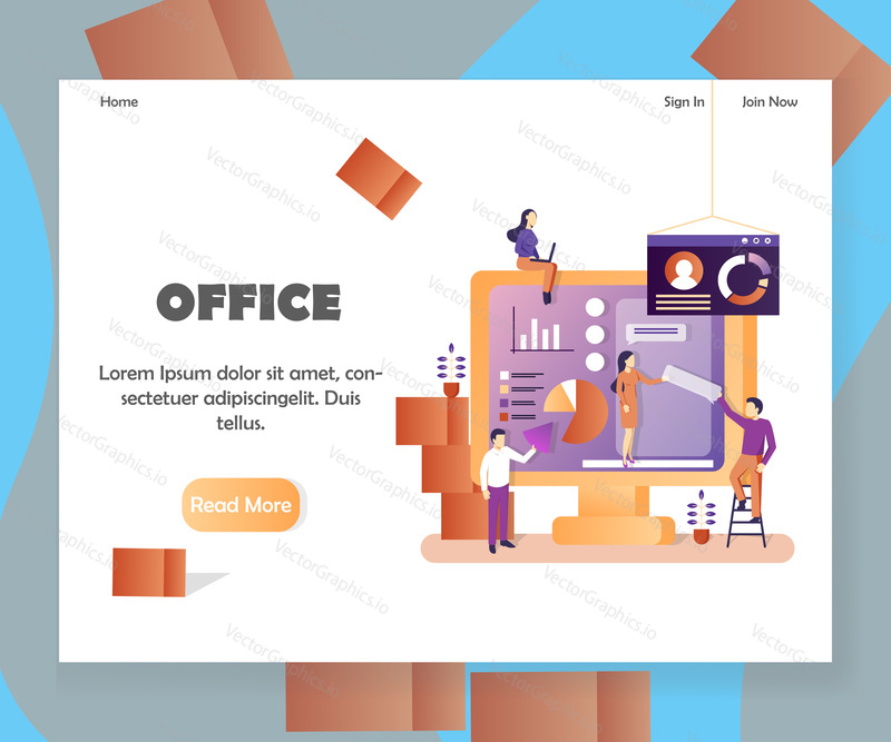 Šablona webových stránek Office vector, design webových stránek a vstupních stránek pro vývoj webových stránek a mobilních stránek. Řízení podnikových workflow, kancelářské situace, koncepty analýzy dat.