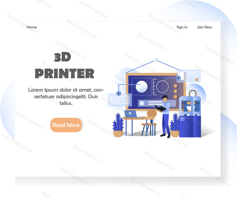 Šablona vstupní stránky 3D tiskárny. 3D tisk proces vektorové ilustrace. Aditivní výroba, rapid prototyping a budoucí koncepce počítačových technologií pro vývoj webových stránek a mobilních stránek.