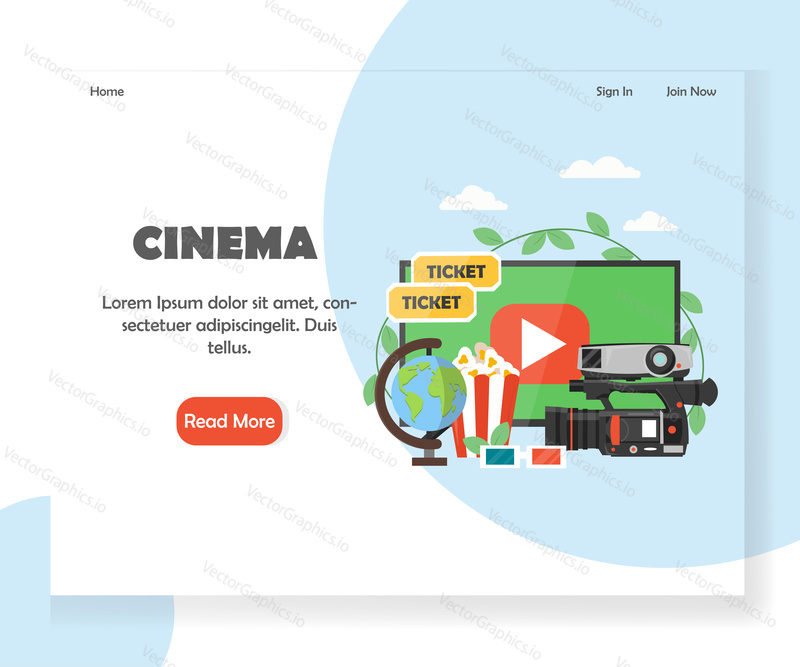 Šablona vstupní stránky kina. Koncept designu vektorového plochého stylu pro web pro streamování filmů a vývoj mobilních stránek. Filmy, promítací časy, vstupenky online.