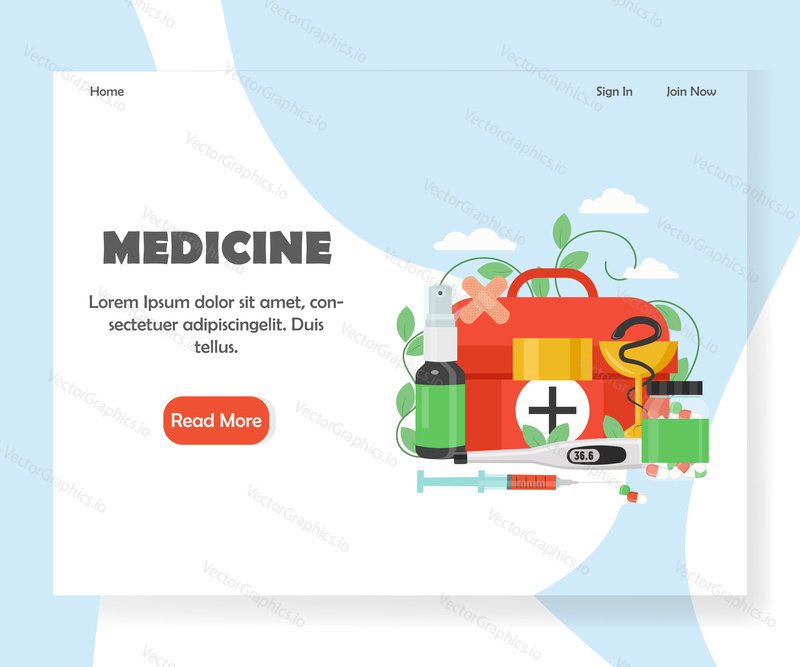 Medicine landing page template. Vector flat style design concept for medical website and mobile site development. First aid kit, syringe, plasters, thermometer, pills, spray bottle. Home health care.