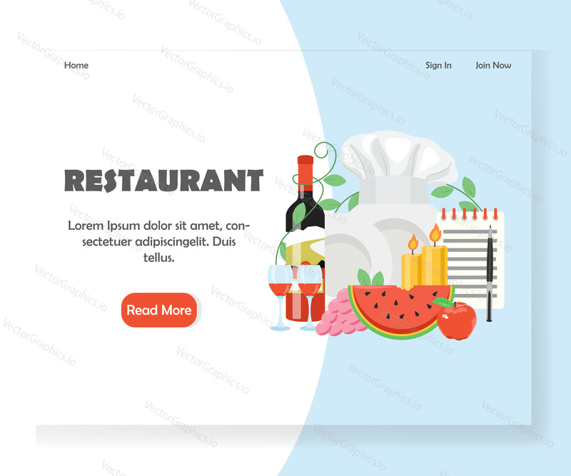 Šablona vstupní stránky Restaurace. Koncept designu vektorového plochého stylu pro webové stránky kavárny nebo restaurace a vývoj mobilních stránek. Kuchařský klobouk, svíčky, sklenice na víno, láhev vína, nádobí, poznámkový blok s perem.