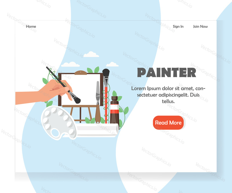 Painter landing page template. Vector flat style design concept for artist website and mobile site development. Human hand holding paintbrush, palette, easel, canvas, paint tube. Art painting services