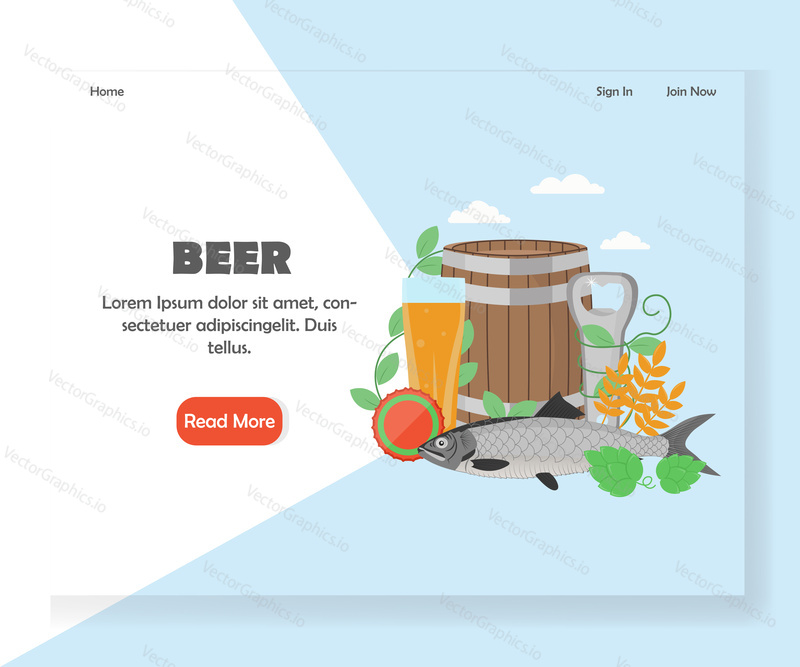 Šablona vstupní stránky piva. Koncept designu vektorového plochého stylu pro pivní festival, večírek, Web Oktoberfest a vývoj mobilních stránek. Pivo se solenými sušenými rybami.