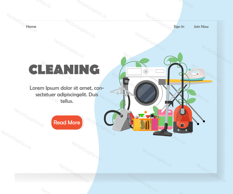 Cleaning landing page template. Vector flat style design concept for website and mobile site development for companies providing house cleaning, laundry, ironing services.