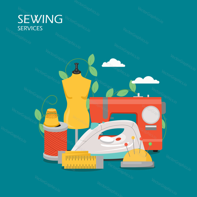 Sewing services vector flat style design illustration. Sewing machine, dummy, thimble, pins, pincushion, thread, iron, tape measure. Tailoring tools and equipment for web banner, website page etc.