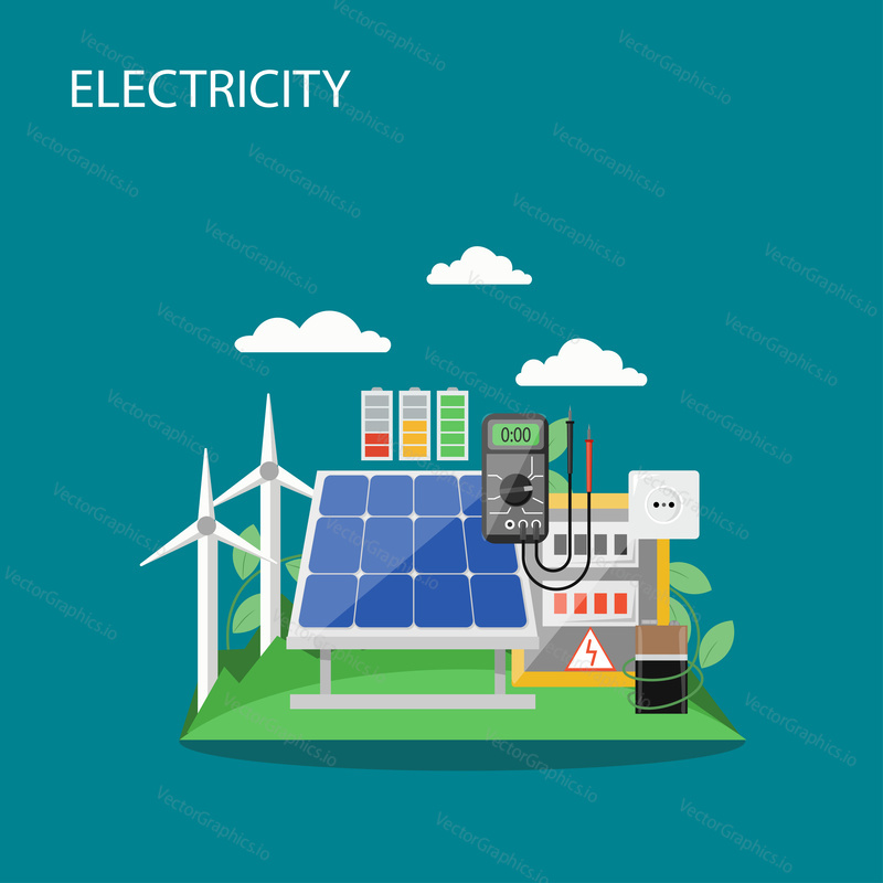 Electricity concept vector flat style design illustration. Windmills, solar panels, battery etc. Alternative renewable energy production and consumption composition for web banner, website page etc.