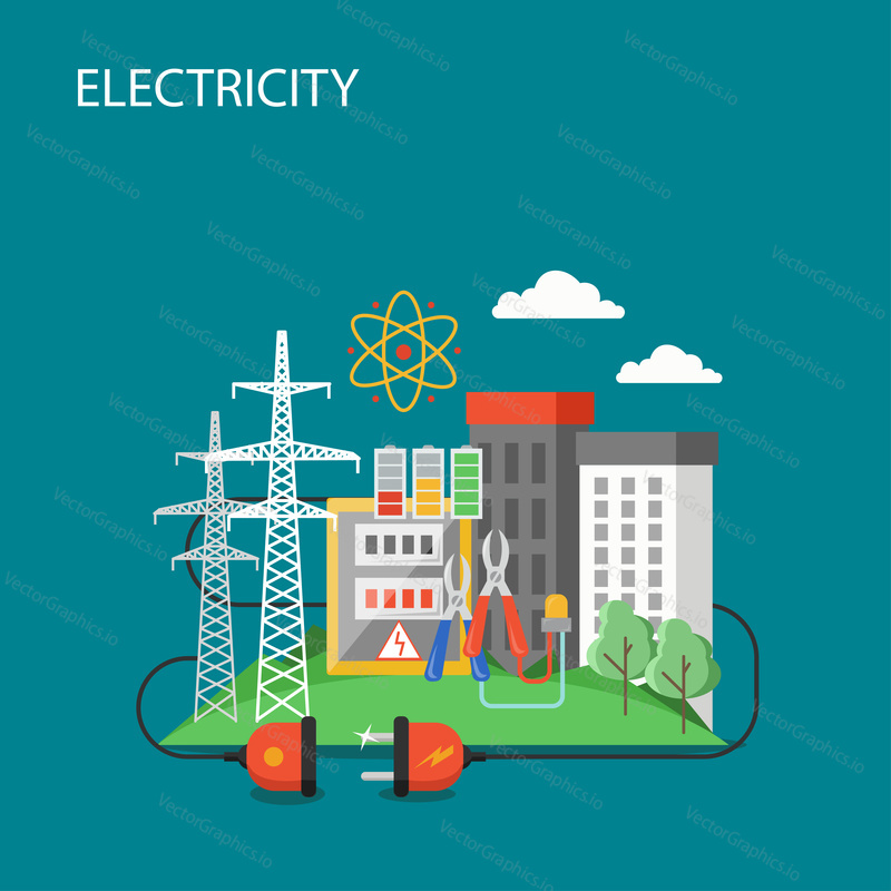 Elektřina vektorový plochý styl designu ilustrace. Vedení vysokého napětí a městské budovy připojené k elektrické zástrčce. Koncept přenosu elektrické energie pro webový banner, webovou stránku atd.
