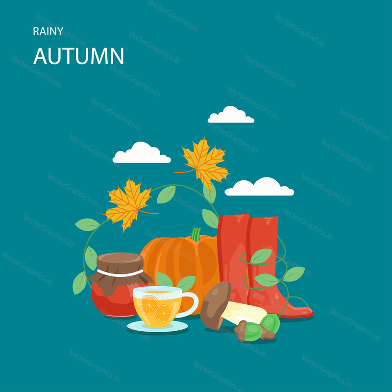 Rainy autumn vector flat style design illustration. Jam jar, rubber boots, clouds, pumpkin, acorns, mushrooms, leaves and cup of tea with lemon. Autumn composition for web banner, website page etc.
