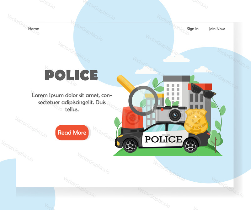 Šablona vstupní stránky Policie. Koncept designu vektorového plochého stylu pro vývoj webových stránek a mobilních stránek. Odznak policejního důstojníka, sluneční brýle, siréna, hlídkové auto, lupa, fotoaparát.