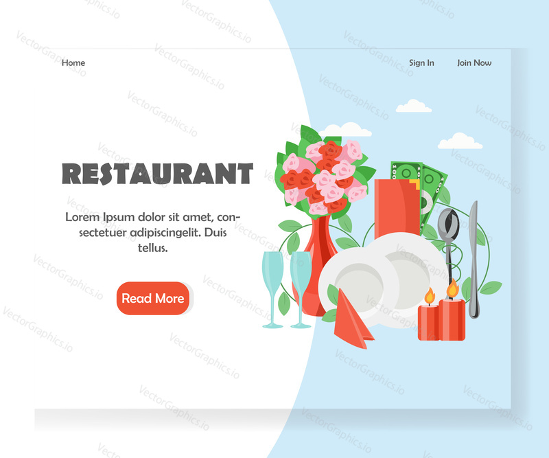 Šablona vstupní stránky Restaurace. Koncept designu vektorového plochého stylu pro webové stránky kavárny nebo restaurace a vývoj mobilních stránek. Stolní nádobí, svíčky, sklenice na víno, stolní ubrousek, kytice květin.