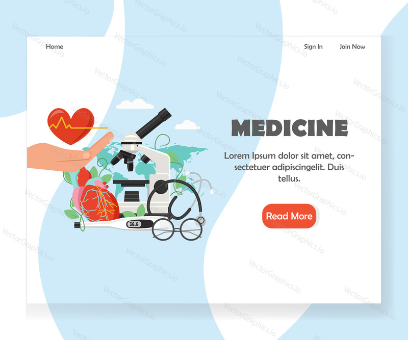 Šablona vstupní stránky medicíny. Koncept designu vektorového plochého stylu pro vývoj webových stránek a mobilních stránek pro lékaře a lékaře. Zdravotní péče, lékařské služby.