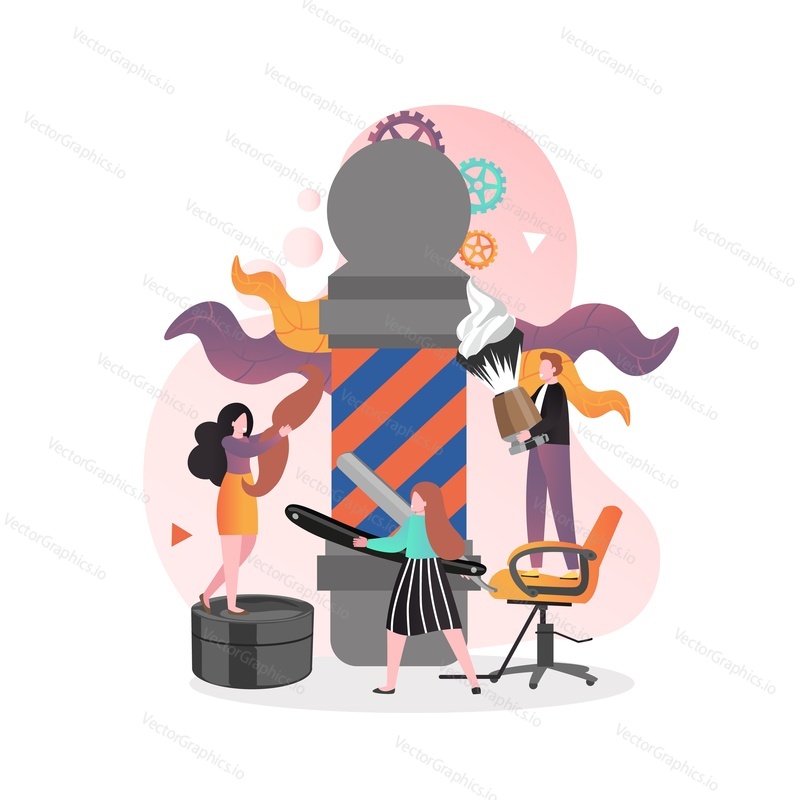 Huge barber pole, micro male and female characters with straight razor, shaving brush with foam, vector illustration. Barbershop beard care grooming services concept for web banner, website page etc.