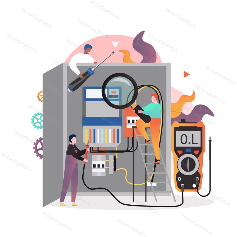 Elektrická panelová skříňka nebo distribuční deska a elektrikáři se šroubovákem, voltmetrem, vektorovou ilustrací. Opravy a údržba elektřiny složení pro webový banner, webovou stránku atd.
