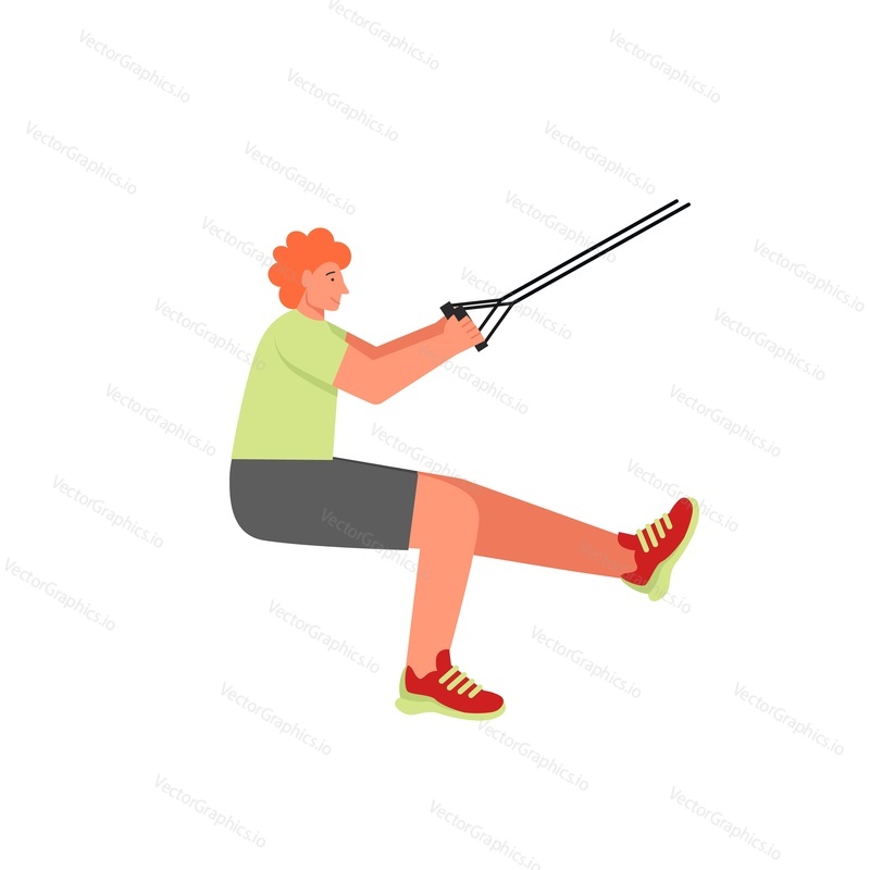 Man doing exercises with suspension straps, vector flat illustration isolated on white background. Trx suspension weight training, strength workout, sport and health.