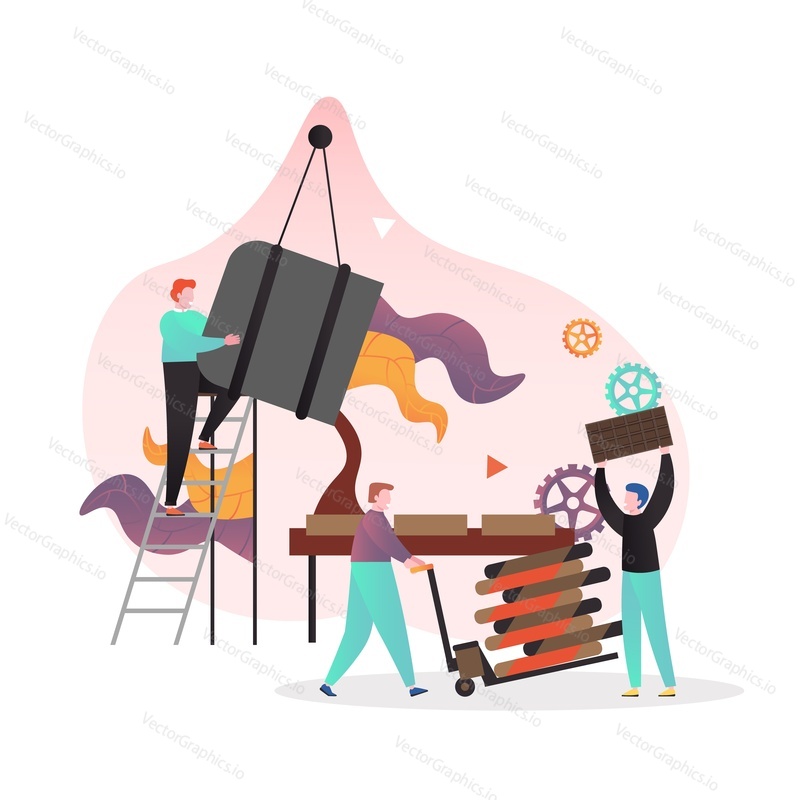 Chocolate making process, blending of chocolate ingredients or conching and pouring it into molds, vector illustration. Chocolate industry concept for web banner, website page etc.