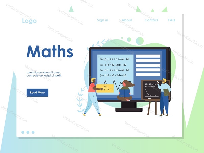 Matematika vektorová webová šablona, návrh webové stránky a vstupní stránky pro vývoj webových stránek a mobilních stránek. Koncepce matematického vzdělávání se studenty studujícími matematiku, univerzitní profesor přednášející matematiku.