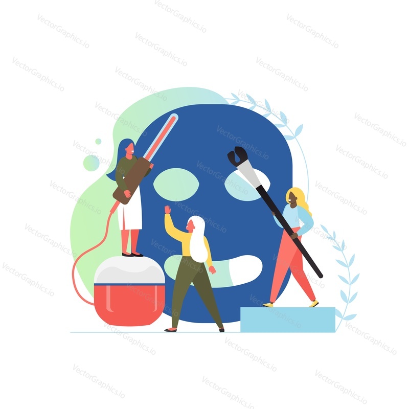 Beautician services, vector flat illustration. Big cosmetic facial sheet mask and tiny characters. Cosmetology, beauty salon services, anti-aging procedures concept for web banner, website page etc.