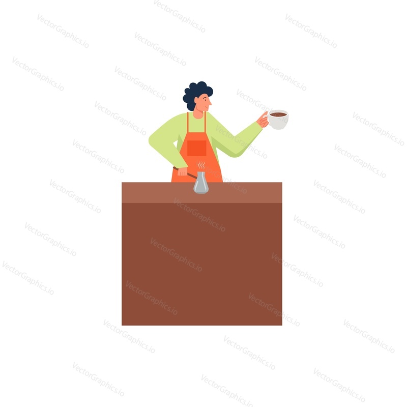 Young man barista making turkish coffee, vector flat illustration isolated on white background. Restaurant cafe bar coffee concept for for web banner, website page etc.