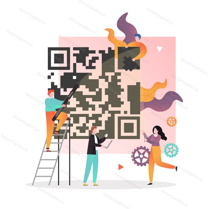 Огромный QR-код для сканирования смартфона и символов, векторная иллюстрация. Проверка штрих-кода, онлайн-концепция QR-генератора для веб-баннера, страницы веб-сайта и т.д.