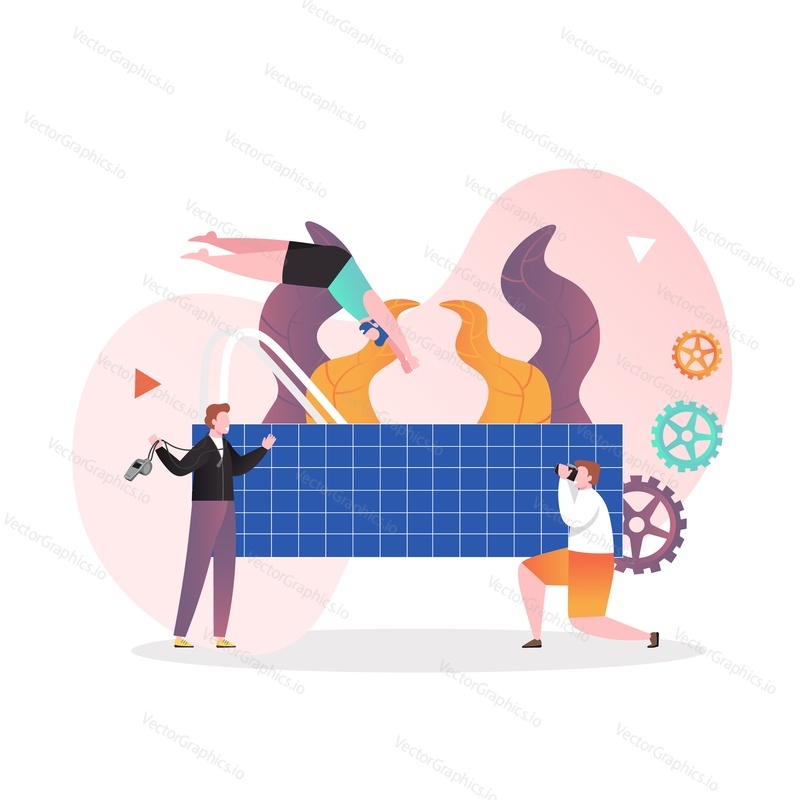 Swimmer athlete training in swimming pool with his trainer, vector illustration. Swimming sport and recreation activity vector concept for web banner, website page etc.