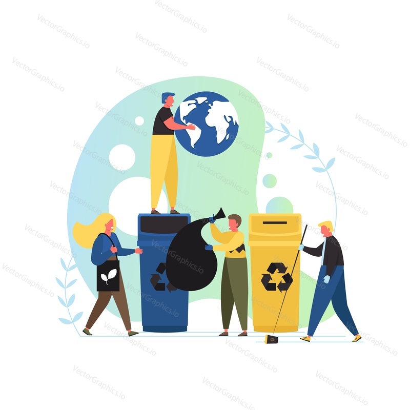 Ecology, vector flat illustration. Tiny people collecting, sorting and throwing trash into big different color recycling garbage cans. Environment protection concept for web banner, website page etc.