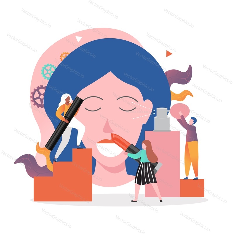 Micro male and female characters professional make-up artists applying makeup on huge woman face, vector illustration. Visagiste services, master class concept for web banner, website page etc.