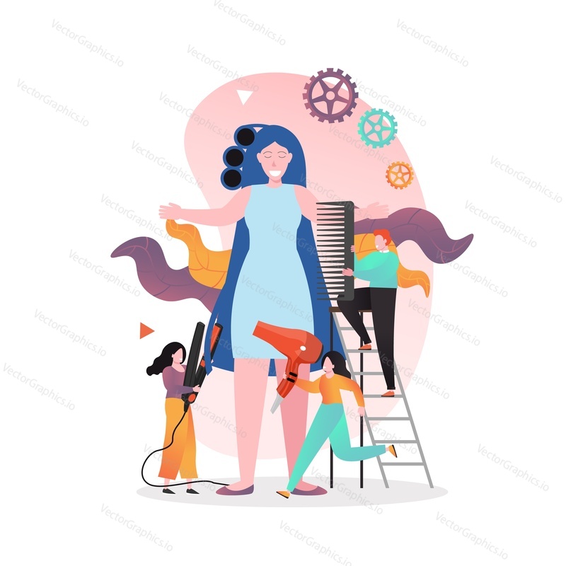 Huge woman and micro characters hairdressers curling her hair using hair curlers, vector illustration. Beauty salon services concept for web banner, website page etc.